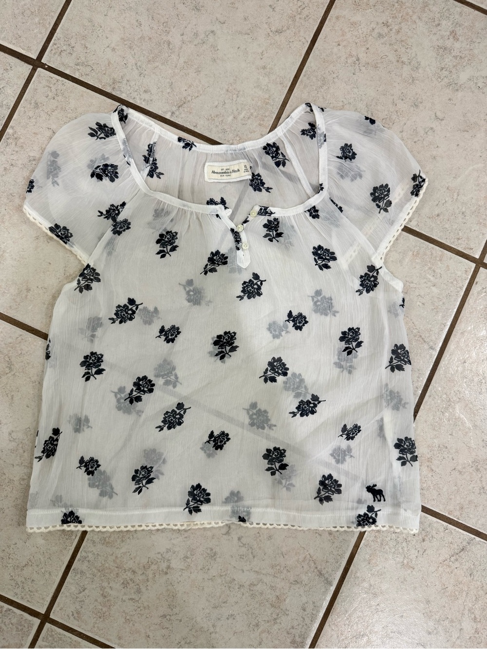 Abercrombie & Fitch White Sheer Floral Blouse with Navy Print